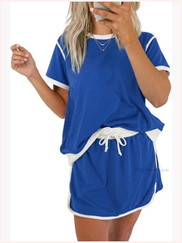 Skort Sets 2 Piece Outfits Color Block Short Sleeve T-Shirt Skorts Matching